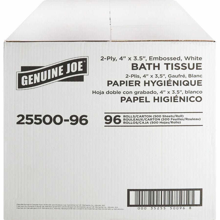 Genuine Joe 2-ply Standard Bath Tissue Rolls - 2 Ply - 4" x 3.20" - 500 Sheets/Roll - 1.63" Core - White - 96 / Carton. Picture 6