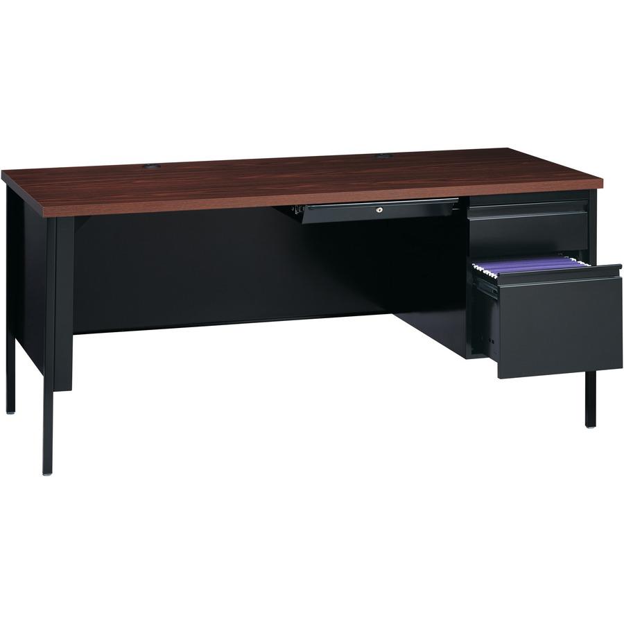 Lorell Fortress Series 66" Right-Pedestal Desk - Laminated Rectangle, Walnut Top - 30" Table Top Length x 66" Table Top Width x 1.13" Table Top Thickness - 29.50" Height x 66" Width x 30" Depth - Busi. Picture 10