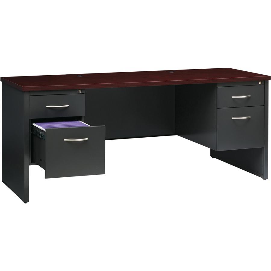 Lorell Fortress Modular Series Double-pedestal Credenza - 72" Width x 24" Depth, x 1.1" Thickness Top - Total Drawer(s): 2 - Double Pedestal - Material: Steel - Finish: Mahogany Laminate, Charcoal - S. Picture 7