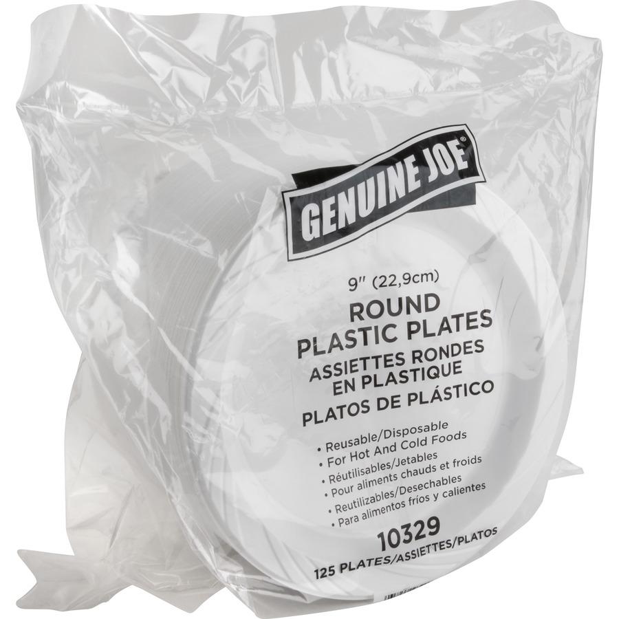 Genuine Joe 9" Reusable Plastic Plates - Serving - Disposable - 9" Diameter - White - Plastic Body - 125/Pack - 4 / Carton. Picture 7
