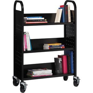 Lorell Single-sided Book Cart - 3 Shelf - Round Handle - 5" Caster Size - Steel - 32" Width x 14" Depth x 46" Height - Black - 1 Each. Picture 8