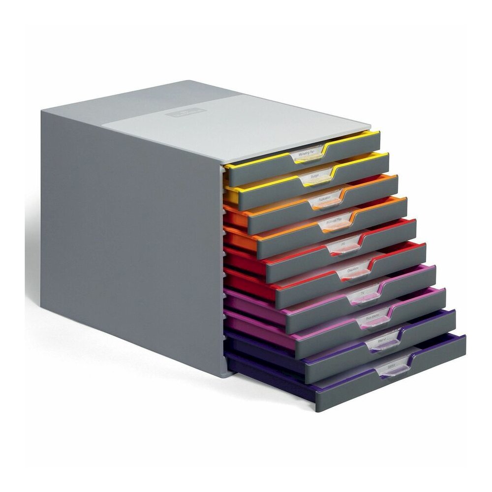 DURABLE&reg; VARICOLOR&reg; Desktop 10 Drawer Organizer - 11" W x 11-3/8" H x 14" D - 10 Drawers - Color Labeled Tabs - Charcoal. Picture 6