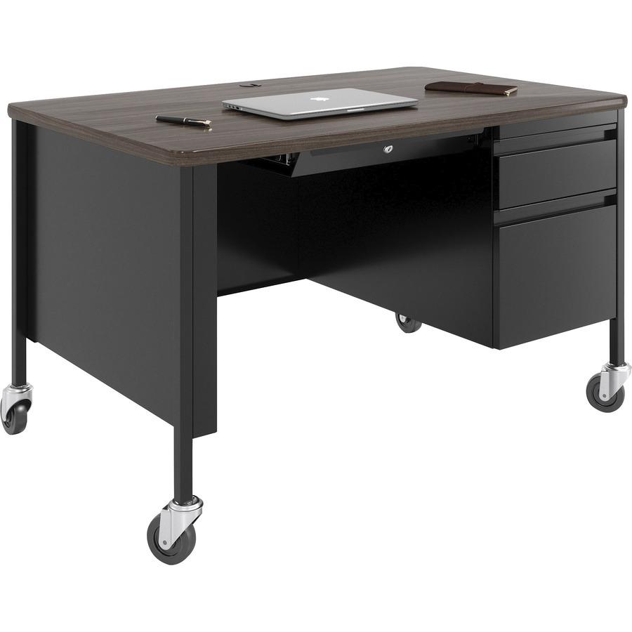 Lorell Fortress Series 48" Mobile Right-Pedestal Teachers Desk - 29.5" Height x 48" Width x 30" Depth - Single Pedestal on Right Side - T-mold Edge - Finish: Walnut Laminate - Durable, Scratch Resista. Picture 5