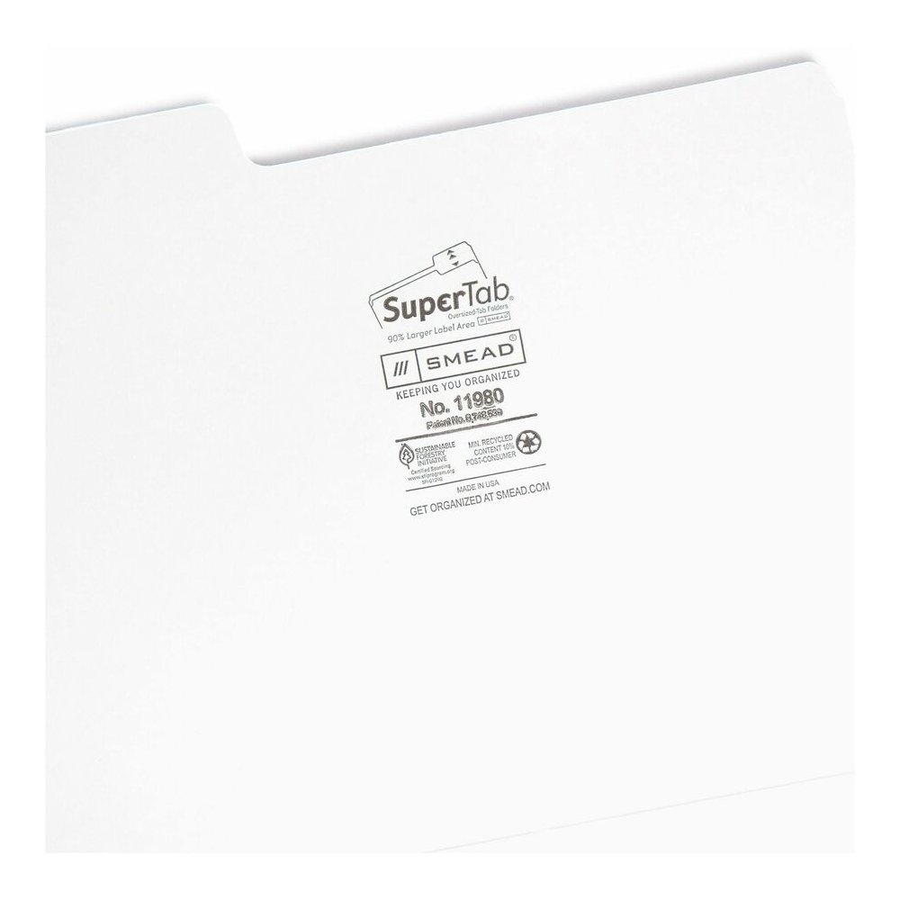 Smead SuperTab 1/3 Tab Cut Letter Recycled Top Tab File Folder - 8 1/2" x 11" - 3/4" Expansion - Assorted Tab Position - 11 pt. - White - Labeling Area, Sturdy, Durable - 10% Recycled - 100 / Box. Picture 8