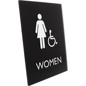 Lorell Women's Handicap Restroom Sign - Print/Message "Women" - 6.4" Width x 8.5" Height - Rectangular Shape - Surface-mountable - Easy Readability, Braille - Plastic - Black - 1 Each. Picture 4