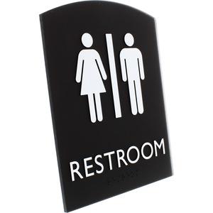 Lorell Arched Unisex Restroom Sign - 6.8" Width x 8.5" Height - Rectangular Shape - Surface-mountable - Easy Readability, Braille - Plastic - Black - 1 Each. Picture 3