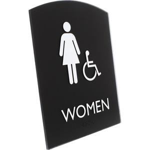 Lorell Arched Women's Handicap Restroom Sign - Print/Message "Women" - 6.8" Width x 8.5" Height - Rectangular Shape - Surface-mountable - Easy Readability, Braille - Plastic - Black - 1 Each. Picture 2
