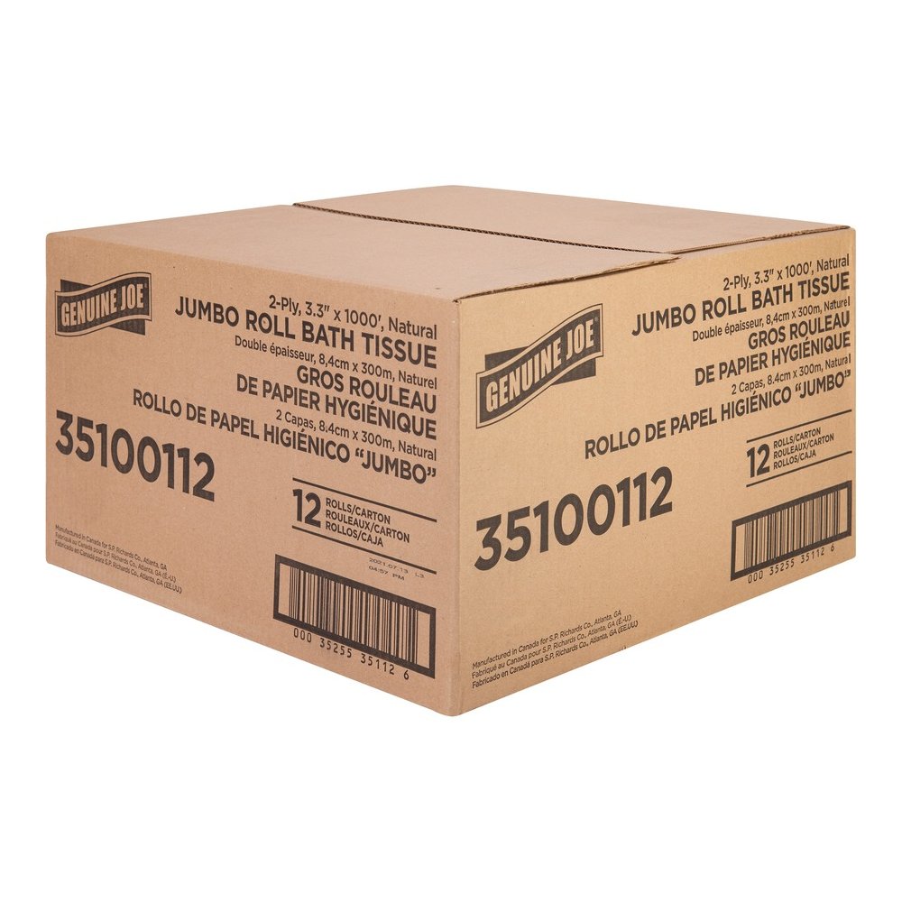 Genuine Joe Jumbo Jr Dispenser Bath Tissue Roll - 2 Ply - 3.30" Width x 1000 ft Length - 8.88" Roll Diameter - White - Fiber - 12 / Carton. Picture 10