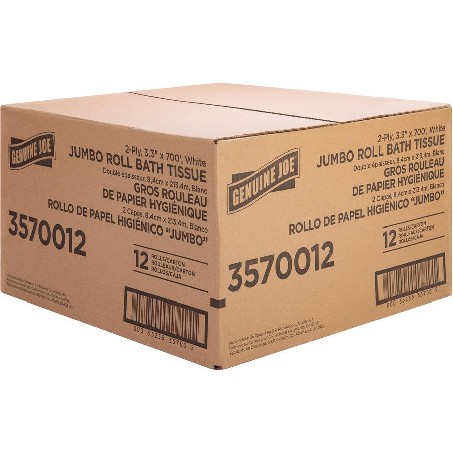 Genuine Joe Jumbo Jr Dispenser Bath Tissue Roll - 2 Ply - 3.30" Width x 700 ft Length - 8.88" Roll Diameter - White - Fiber - 12 / Carton. Picture 8