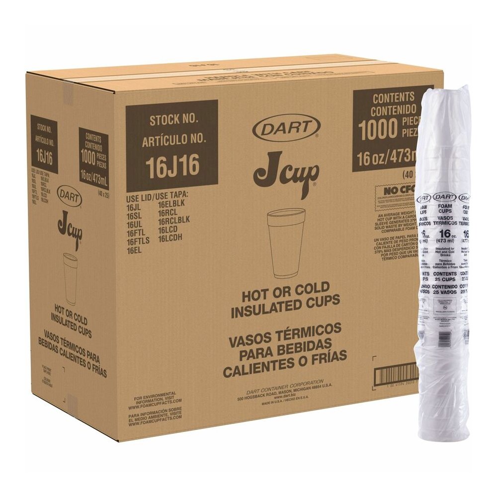 Dart J Cup 16 oz Insulated Foam Cups - 16 fl oz - White - Foam - Cold Drink, Hot Drink, Soft Drink - 25/Bag - 40 / Carton. Picture 10
