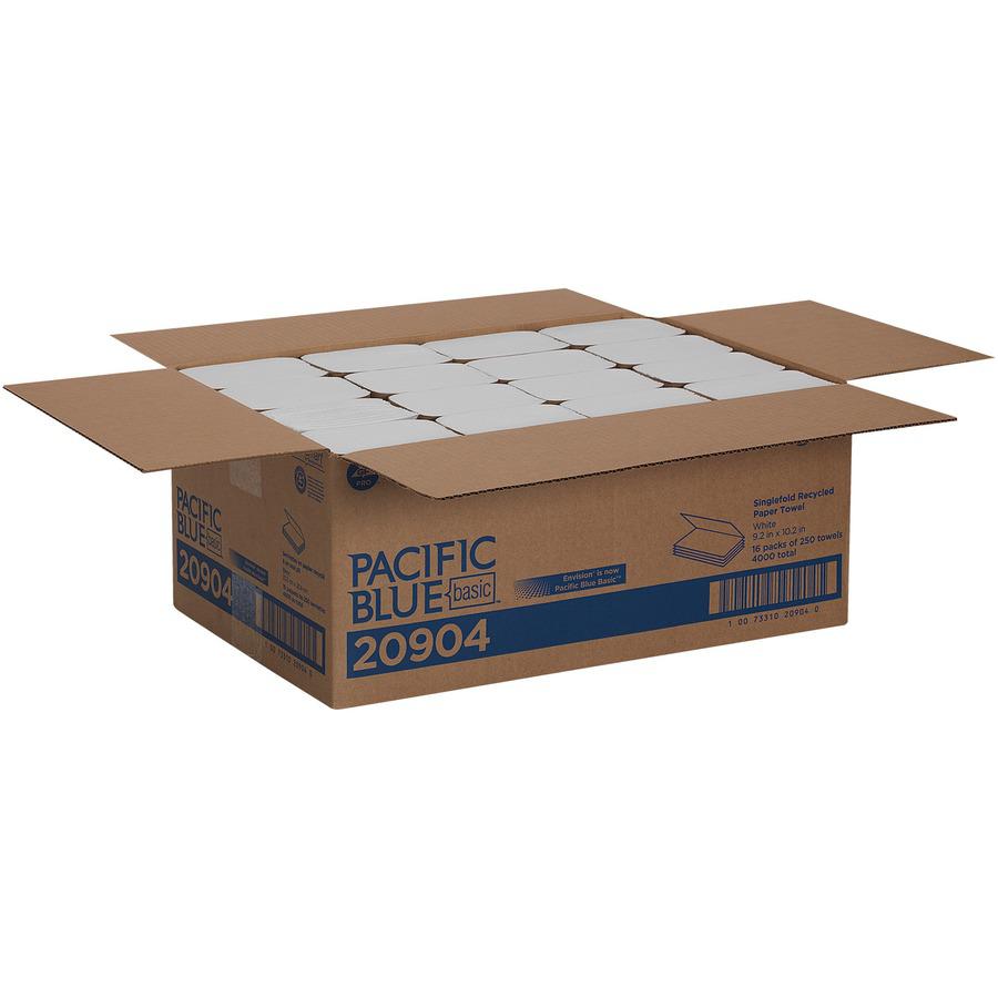 Pacific Blue Basic S-Fold Recycled Paper Towels - 9.25" x 10.25" - White - 4000 Per Carton - 16 / Carton. Picture 3