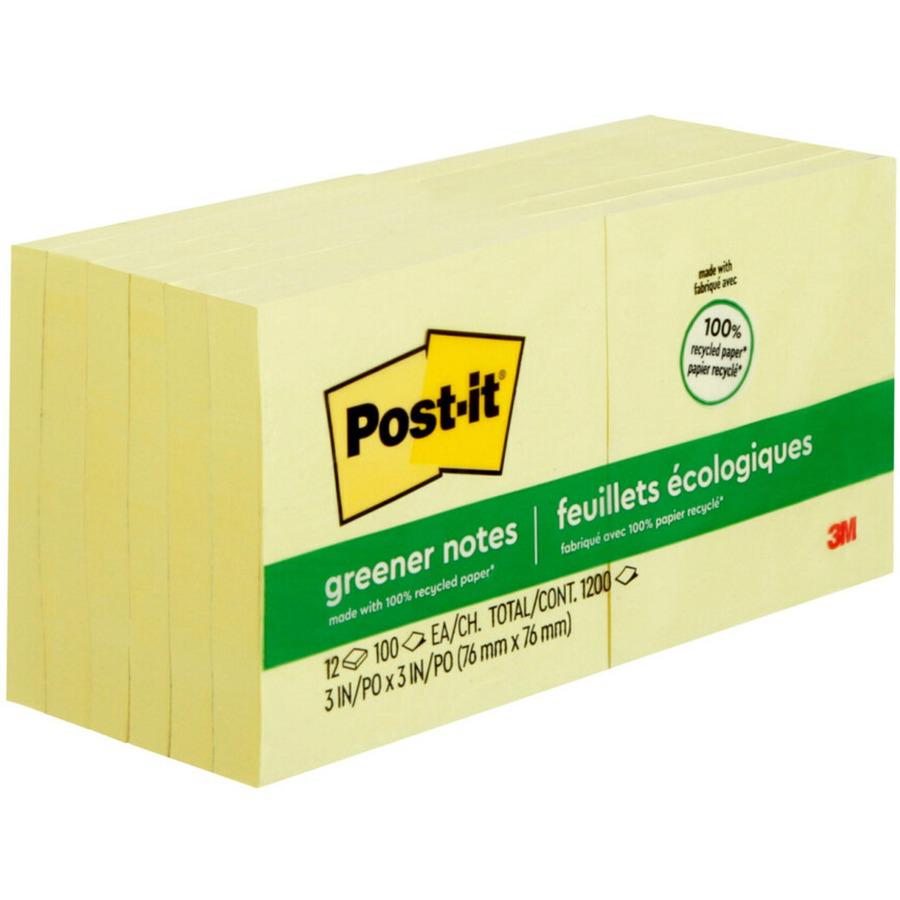 Post-it&reg; Greener Notes - 1200 - 3" Flag/Note Width x 3" Flag/Note Length - Square - 100 Sheets per Pad - Unruled - Canary Yellow - Paper - Self-adhesive, Repositionable - Recycled - 1 Pack. Picture 4