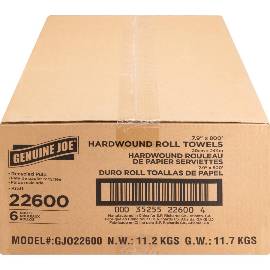 Genuine Joe Embossed Hardwound Roll Towels - 7.90" Width x 800 ft Length - 2" Core - Natural - 6 / Carton. Picture 6