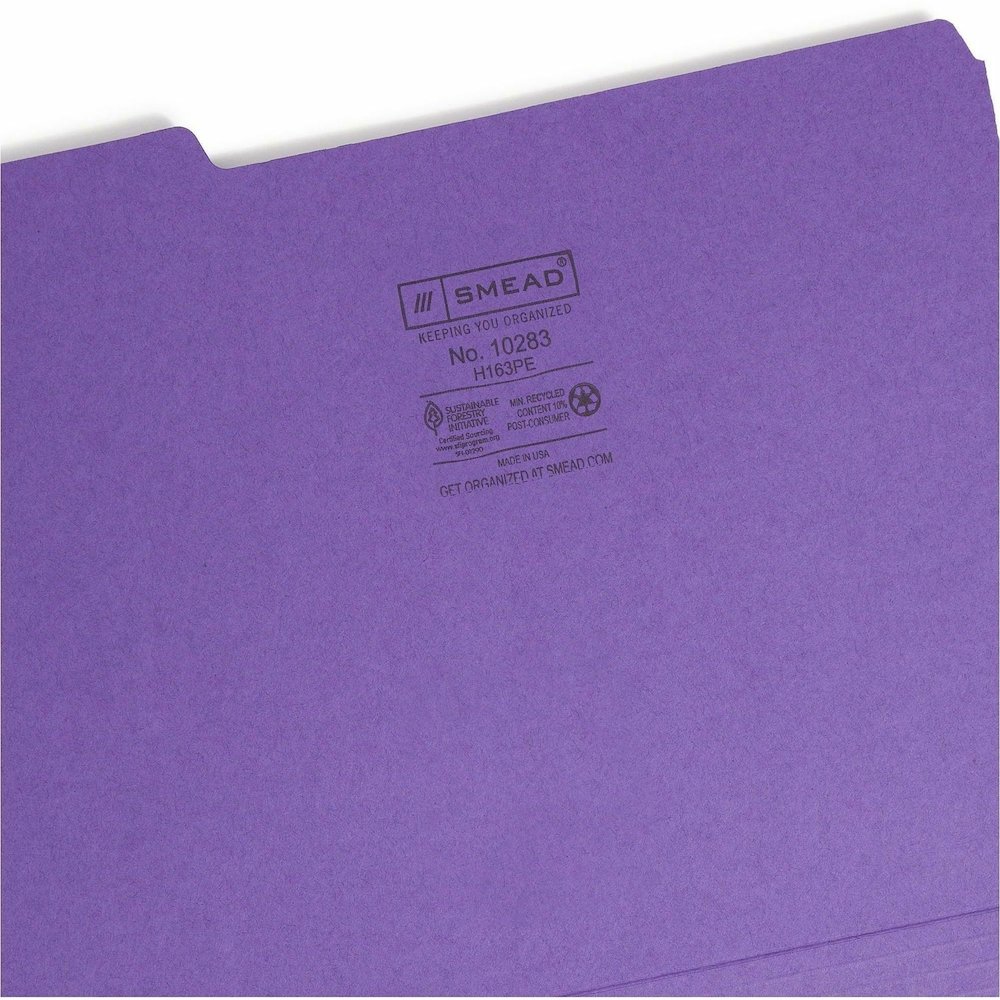 Smead 1/3 Tab Cut Letter Recycled Interior File Folder - 8 1/2" x 11" - 3/4" Expansion - Top Tab Location - Assorted Tab Position - 11 pt. - 1 Plys - Paper - Purple - 10% Recycled - 100 / Box. Picture 9