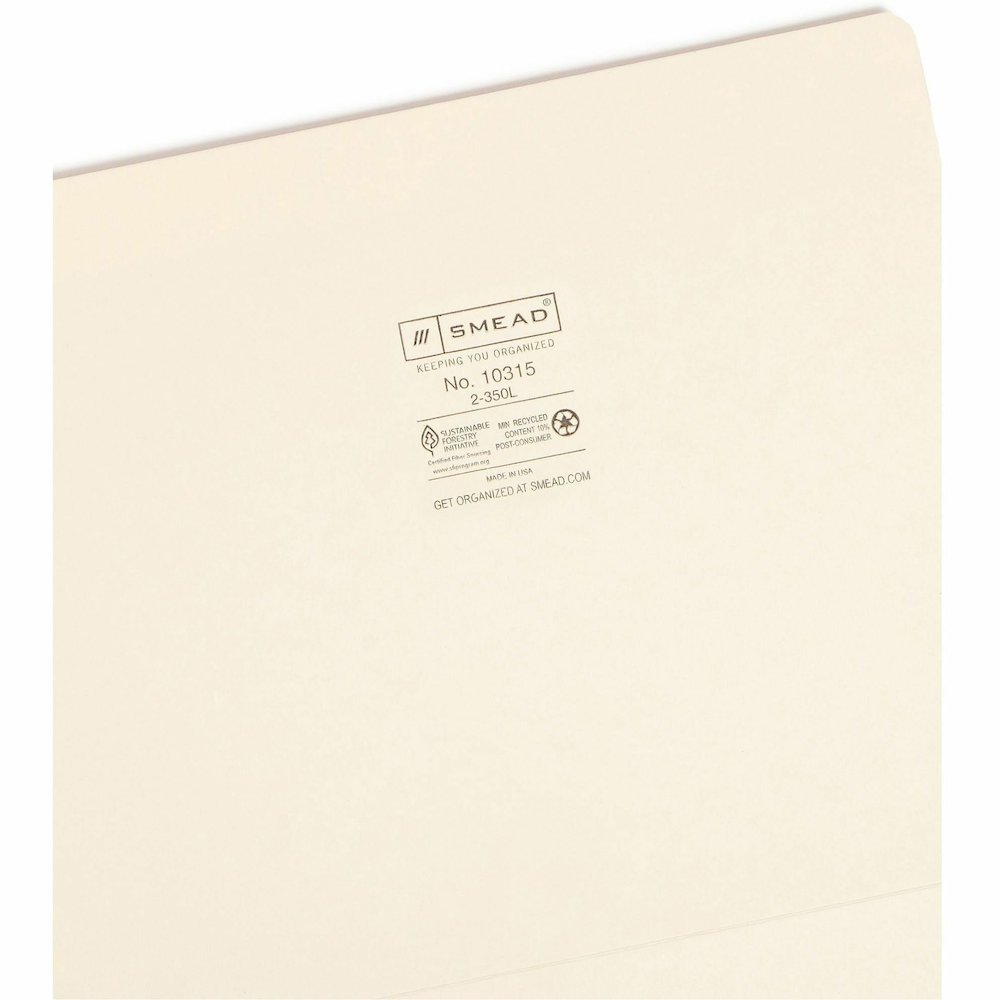 Smead Straight Tab Cut Letter Recycled Top Tab File Folder - 8 1/2" x 11" - Internal Pocket - 11 pt. - 2 Plys - Manila - Reinforced, Heavyweight - 10% Recycled - 50 / Box. Picture 10