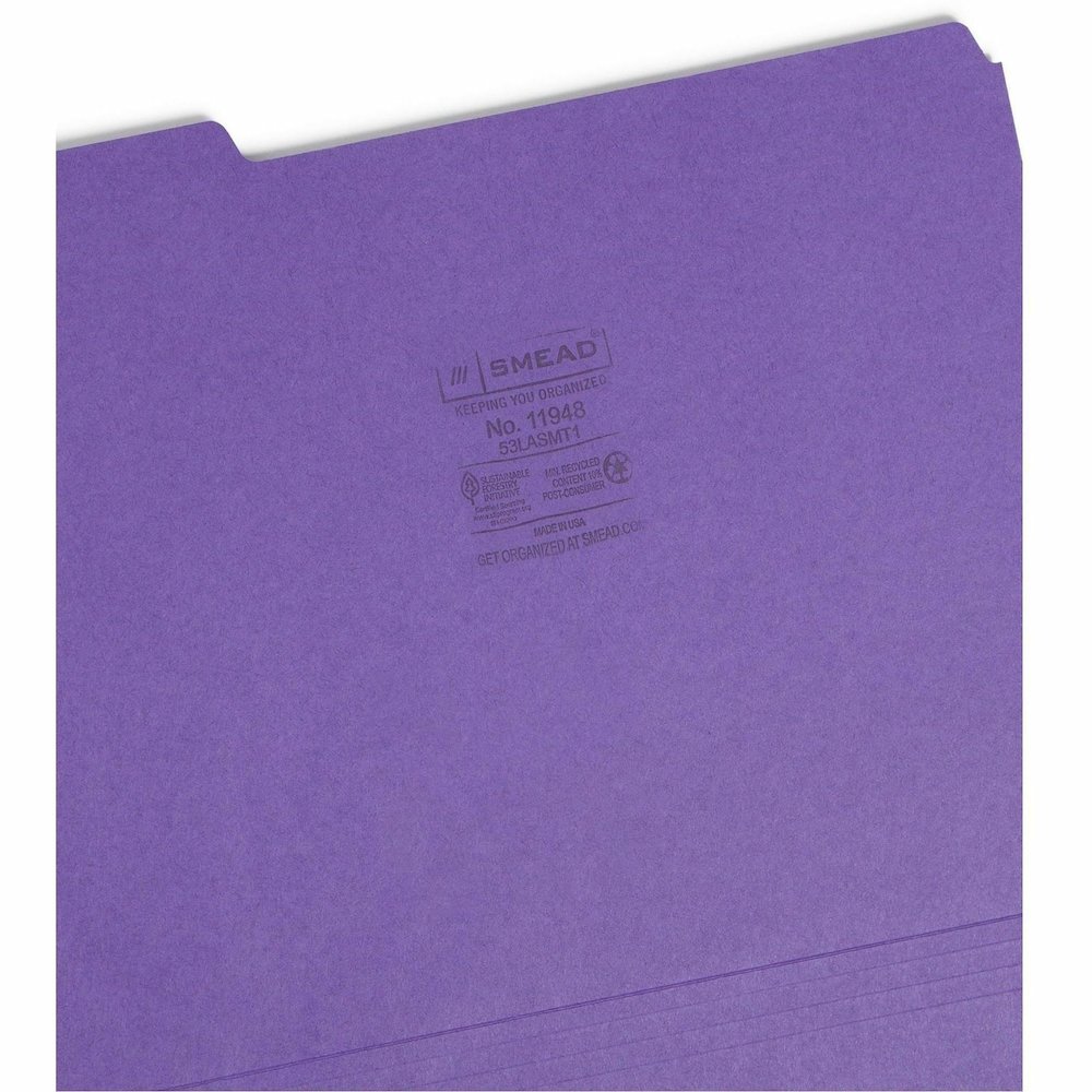 Smead 1/3 Tab Cut Letter Recycled Top Tab File Folder - 8 1/2" x 11" - 3/4" Expansion - Top Tab Location - Assorted Tab Position - 11 pt. - 1 Plys - Assorted - Rounded Corner - 10% Recycled - 100 / Bo. Picture 9