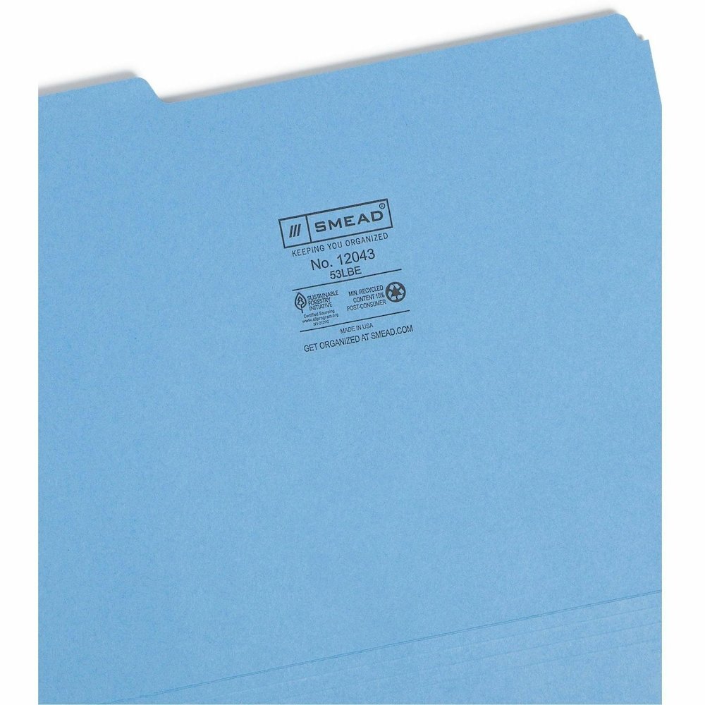 Smead 1/3 Tab Cut Letter Recycled Top Tab File Folder - 8 1/2" x 11" - 3/4" Expansion - Top Tab Location - Assorted Tab Position - 11 pt. - 1 Plys - Blue - Rounded Corner - 10% Recycled - 100 / Box. Picture 10