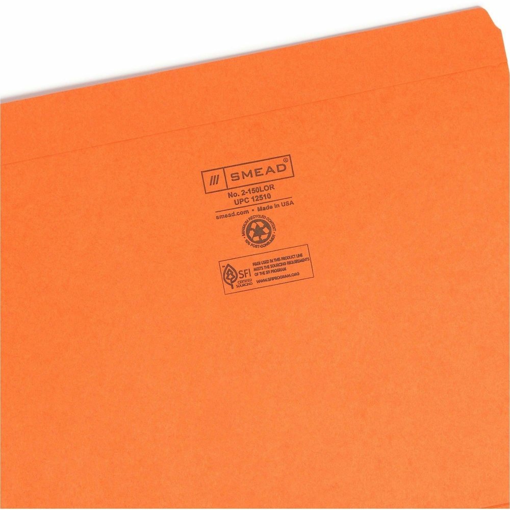 Smead Colored Straight Tab Cut Letter Recycled Top Tab File Folder - 8 1/2" x 11" - 3/4" Expansion - 11 pt. - 2 Plys - Orange - Reinforced Tab - 10% Recycled - 100 / Box. Picture 9