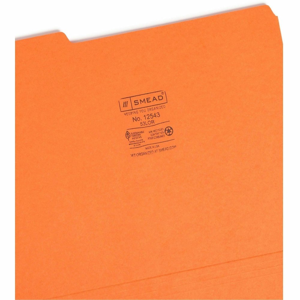 Smead Colored 1/3 Tab Cut Letter Recycled Top Tab File Folder - 8 1/2" x 11" - 3/4" Expansion - Top Tab Location - Assorted Tab Position - 11 pt. - 1 Plys - Orange - Rounded Corner - 10% Recycled - 10. Picture 9