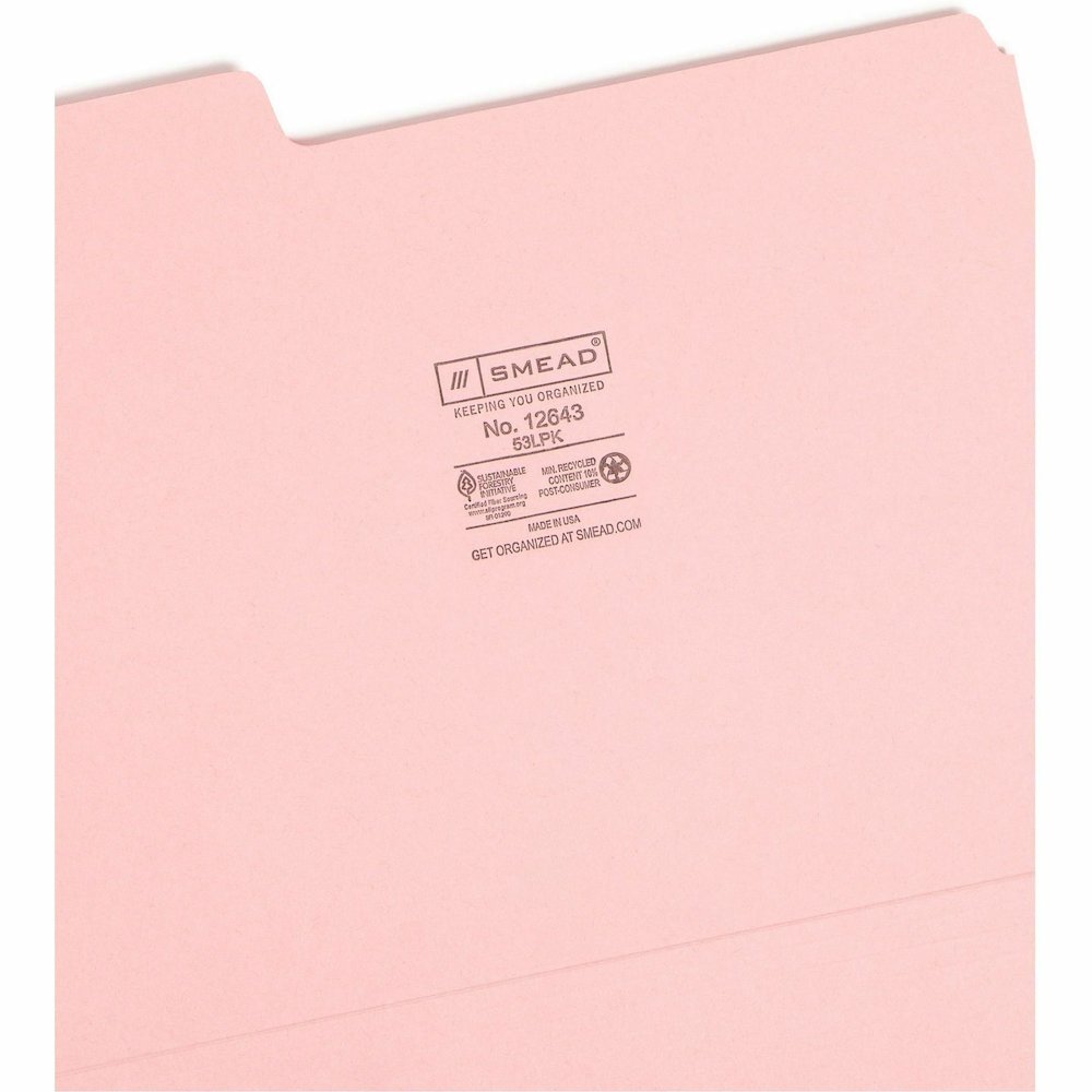 Smead Colored 1/3 Tab Cut Letter Recycled Top Tab File Folder - 8 1/2" x 11" - 3/4" Expansion - Top Tab Location - Assorted Tab Position - 11 pt. - 1 Plys - Pink - Rounded Corner - 10% Recycled - 100 . Picture 9