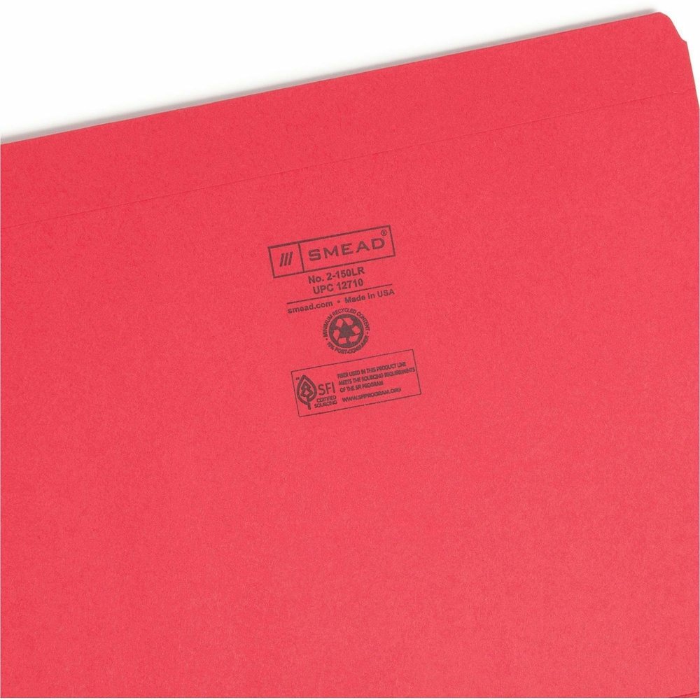Smead Colored Straight Tab Cut Letter Recycled Top Tab File Folder - 8 1/2" x 11" - 3/4" Expansion - 11 pt. - 2 Plys - Red - 10% Recycled - 100 / Box. Picture 9