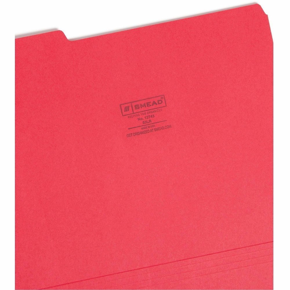 Smead 1/3 Tab Cut Letter Recycled Top Tab File Folder - 8 1/2" x 11" - 3/4" Expansion - Top Tab Location - Assorted Tab Position - 11 pt. - 1 Plys - Red - Rounded Corner - 10% Recycled - 100 / Box. Picture 10