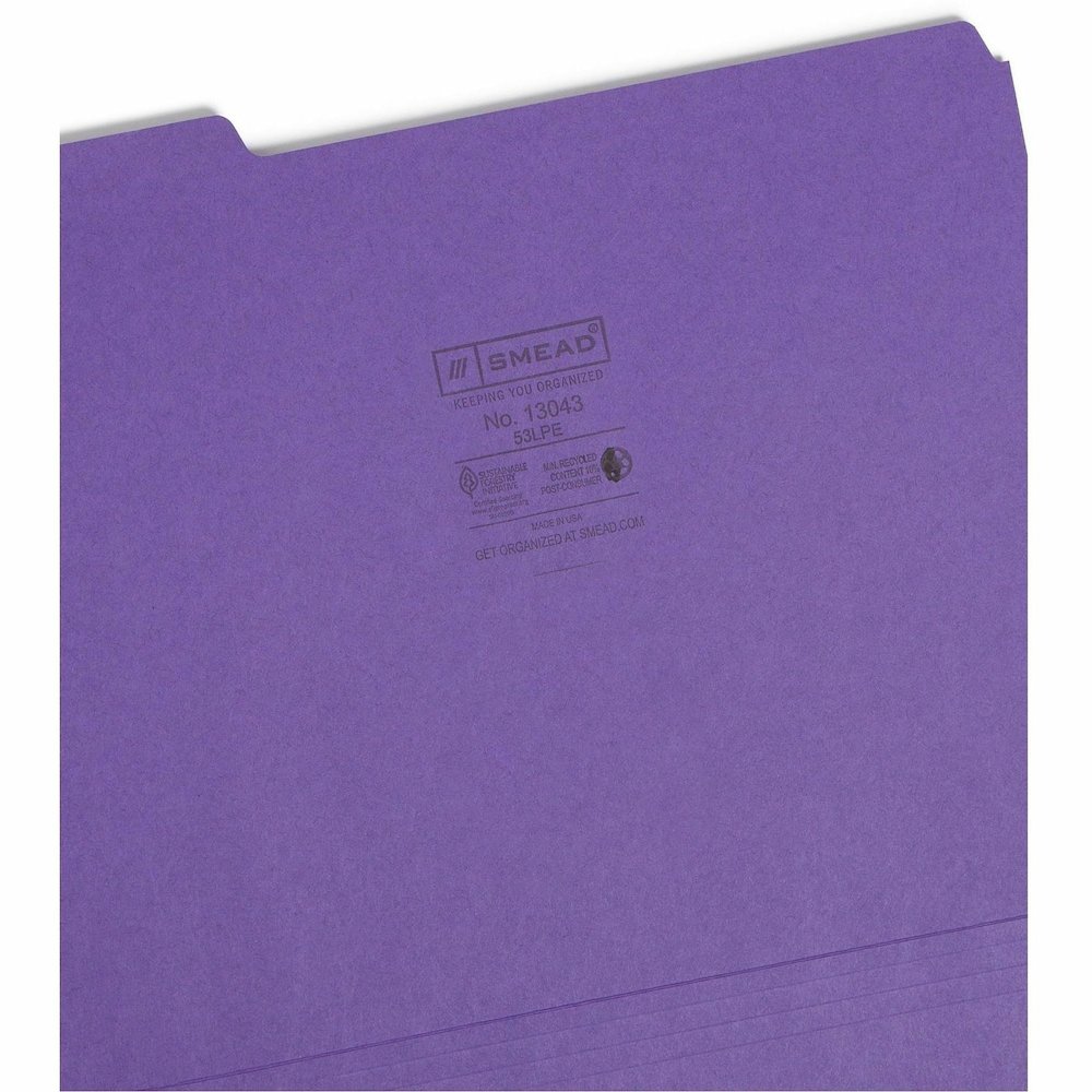 Smead Colored 1/3 Tab Cut Letter Recycled Top Tab File Folder - 8 1/2" x 11" - 3/4" Expansion - Top Tab Location - Assorted Tab Position - 11 pt. - 1 Plys - Purple - Rounded Corner - 10% Recycled - 10. Picture 10