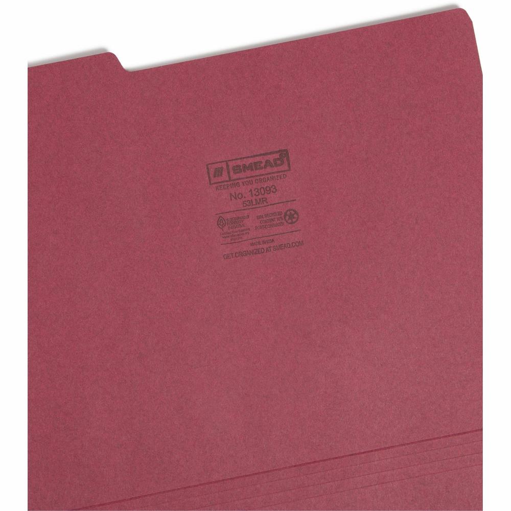 Smead Colored 1/3 Tab Cut Letter Recycled Top Tab File Folder - 8 1/2" x 11" - 3/4" Expansion - Top Tab Location - Assorted Position Tab Position - Maroon - 10% Recycled - 100 / Box. Picture 7