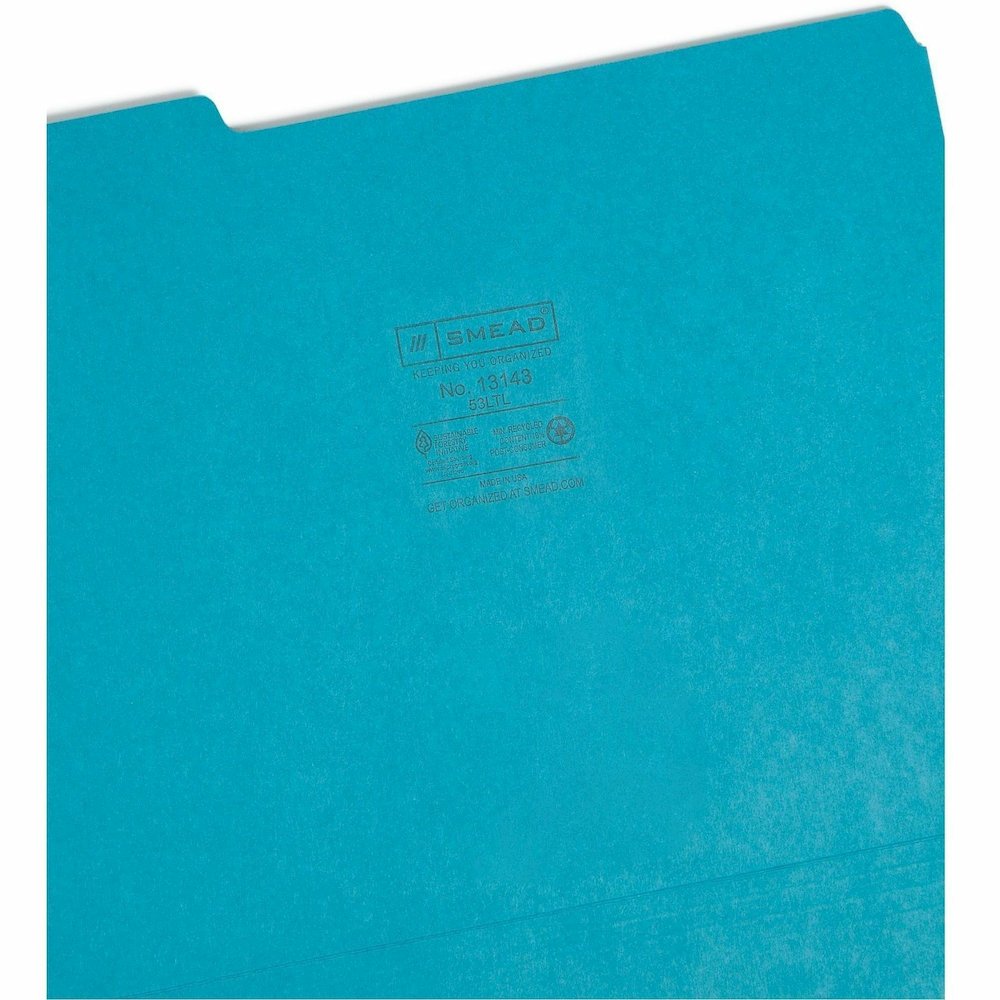 Smead Colored 1/3 Tab Cut Letter Recycled Top Tab File Folder - 8 1/2" x 11" - 3/4" Expansion - Top Tab Location - Assorted Tab Position - 11 pt. - 1 Plys - Teal - Rounded Corner - 10% Recycled - 100 . Picture 9