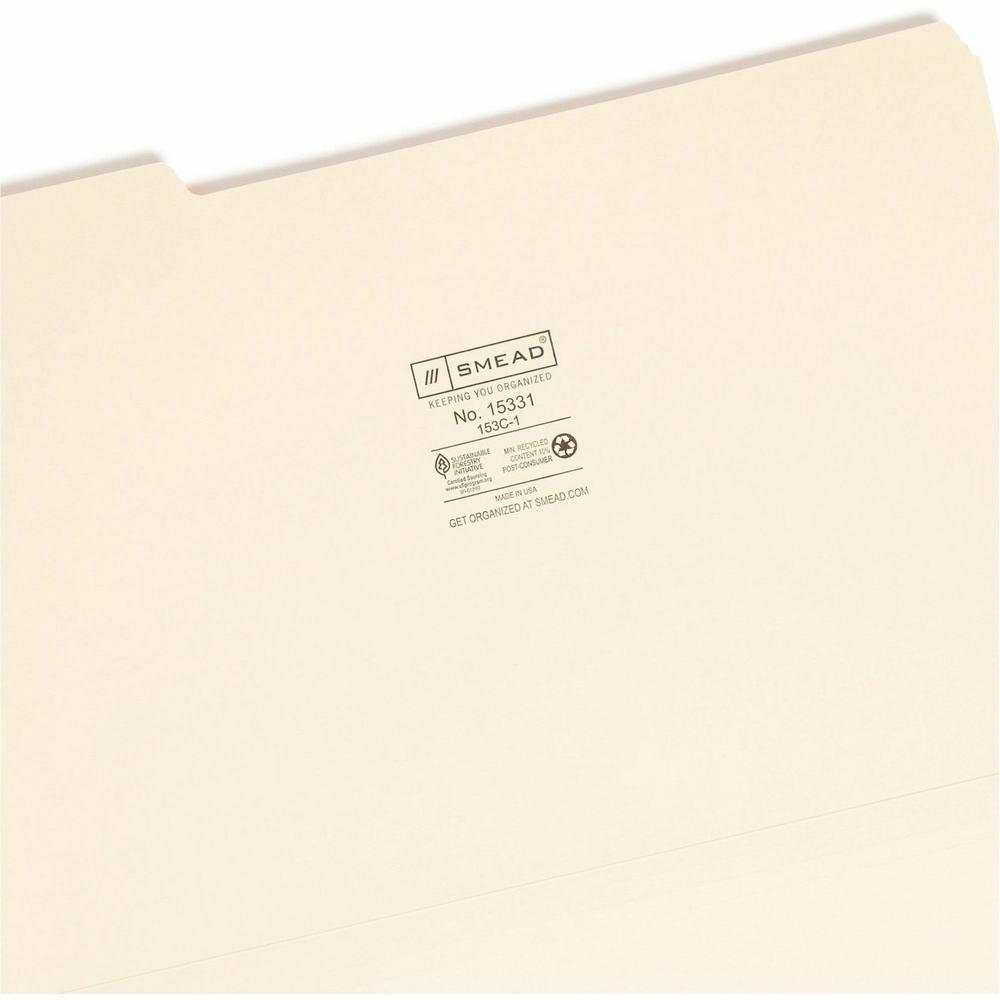 Smead 1/3 Tab Cut Legal Recycled Top Tab File Folder - 8 1/2" x 14" - 3/4" Expansion - Top Tab Location - First Tab Position - Manila - Manila - 10% Recycled - 100 / Box. Picture 7