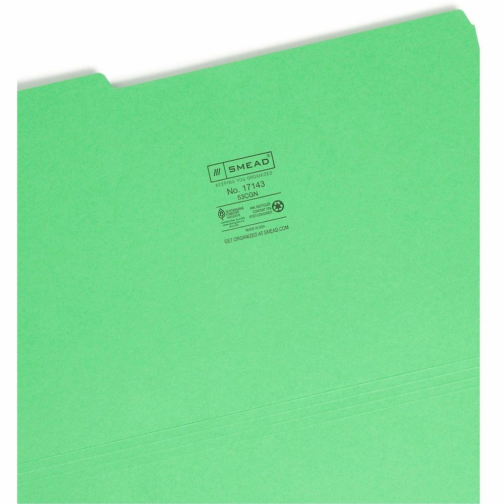 Smead Colored 1/3 Tab Cut Legal Recycled Top Tab File Folder - 8 1/2" x 14" - 3/4" Expansion - Top Tab Location - Assorted Tab Position - 11 pt. - 1 Plys - Green - Break Resistant - 10% Recycled - 100. Picture 9