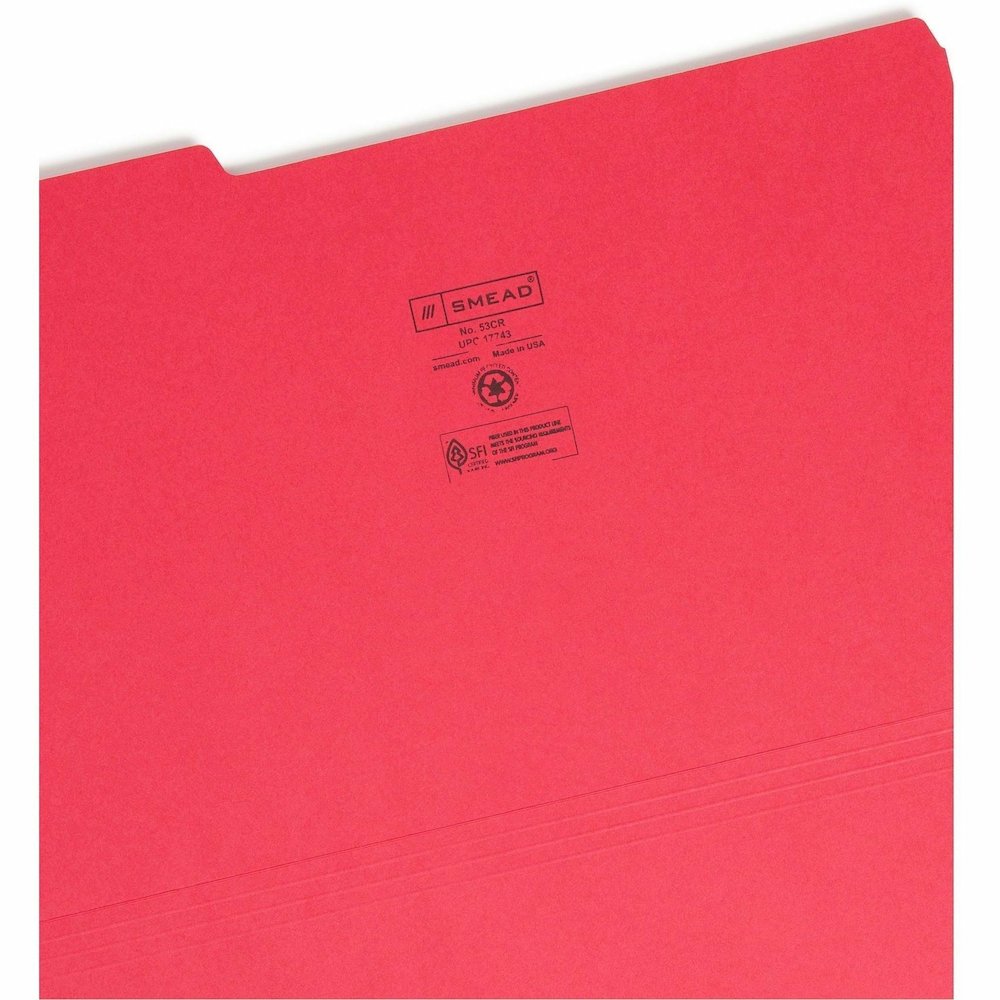 Smead Colored 1/3 Tab Cut Legal Recycled Top Tab File Folder - 8 1/2" x 14" - 3/4" Expansion - Top Tab Location - Assorted Tab Position - 11 pt. - 1 Plys - Red - Rounded Corner - 10% Recycled - 100 / . Picture 9