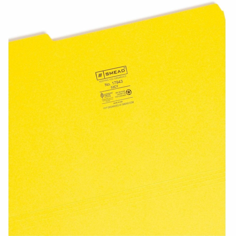 Smead Colored 1/3 Tab Cut Legal Recycled Top Tab File Folder - 8 1/2" x 14" - 3/4" Expansion - Top Tab Location - Assorted Tab Position - 11 pt. - 1 Plys - Vinyl - Yellow - Rounded Corner - 10% Recycl. Picture 9