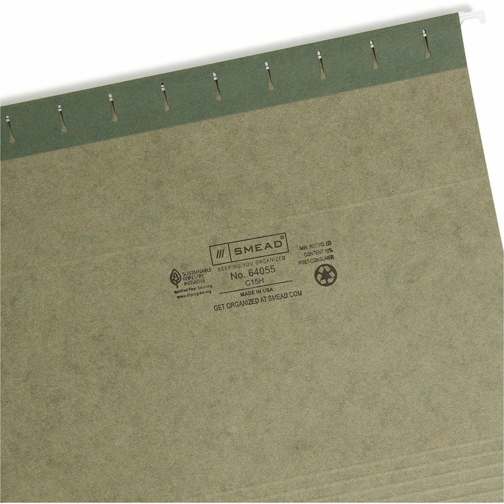 Smead 1/5 Tab Cut Letter Recycled Hanging Folder - 8 1/2" x 11" - Top Tab Location - Assorted Tab Position - 11 pt. - Vinyl - Standard Green - 10% Recycled - 25 / Box. Picture 9
