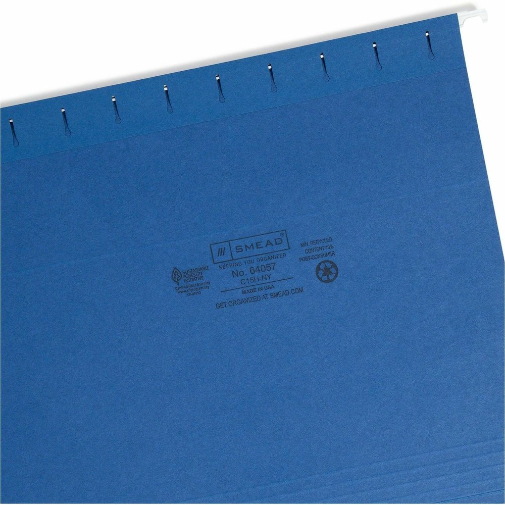 Smead 1/5 Tab Cut Letter Recycled Hanging Folder - 8 1/2" x 11" - Top Tab Location - Assorted Tab Position - 11 pt. - Vinyl - Navy Blue - Repositionable Tab - 10% Recycled - 25 / Box. Picture 9