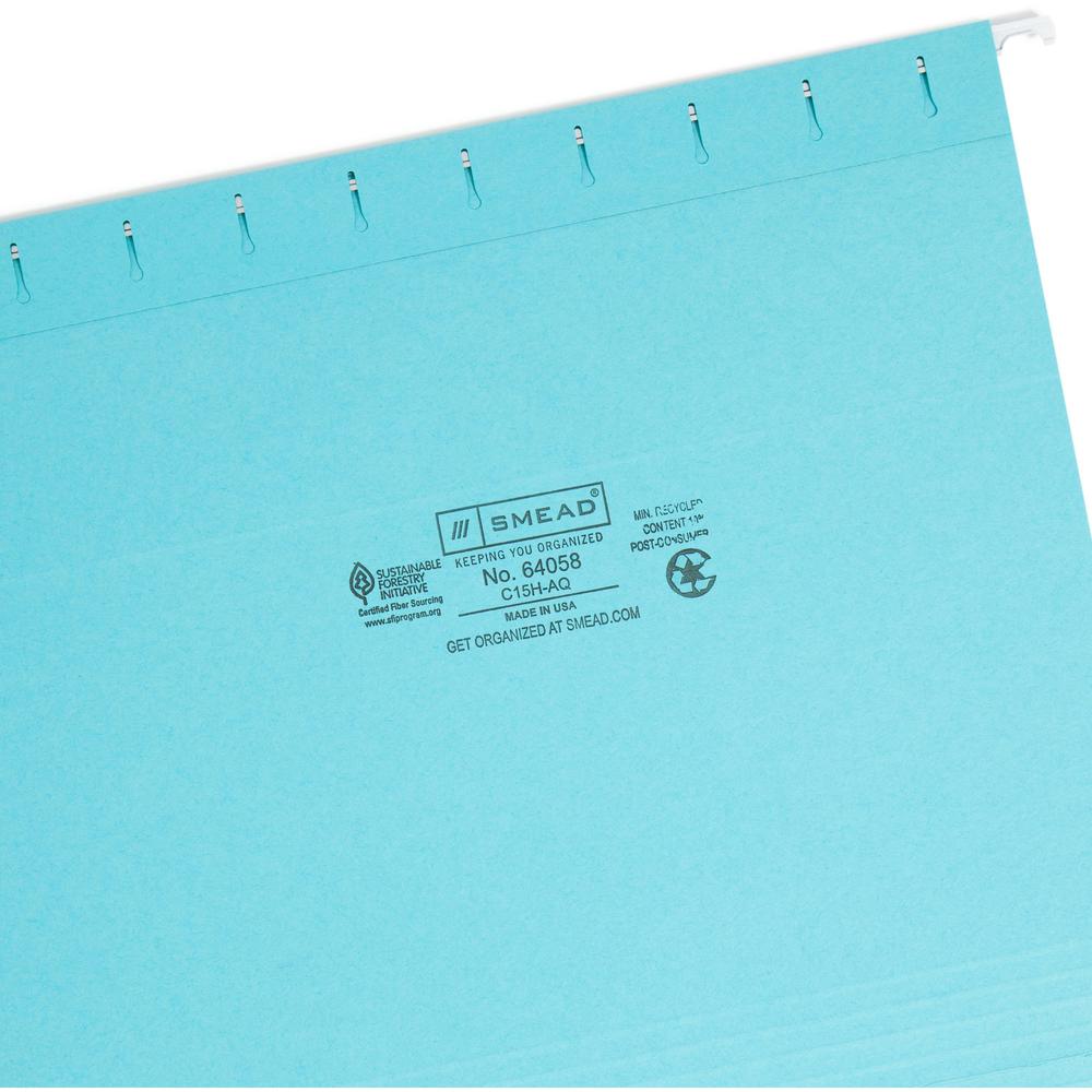 Smead Colored 1/5 Tab Cut Letter Recycled Hanging Folder - 8 1/2" x 11" - Top Tab Location - Assorted Position Tab Position - Aqua - 10% Recycled - 25 / Box. Picture 7