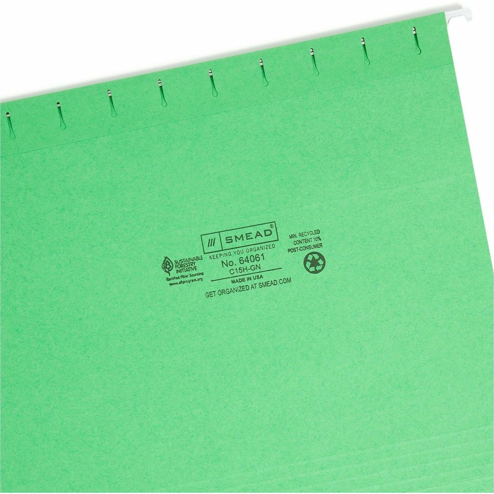 Smead Colored 1/5 Tab Cut Letter Recycled Hanging Folder - 8 1/2" x 11" - Top Tab Location - Assorted Tab Position - 11 pt. - Vinyl - Green - 10% Recycled - 25 / Box. Picture 9