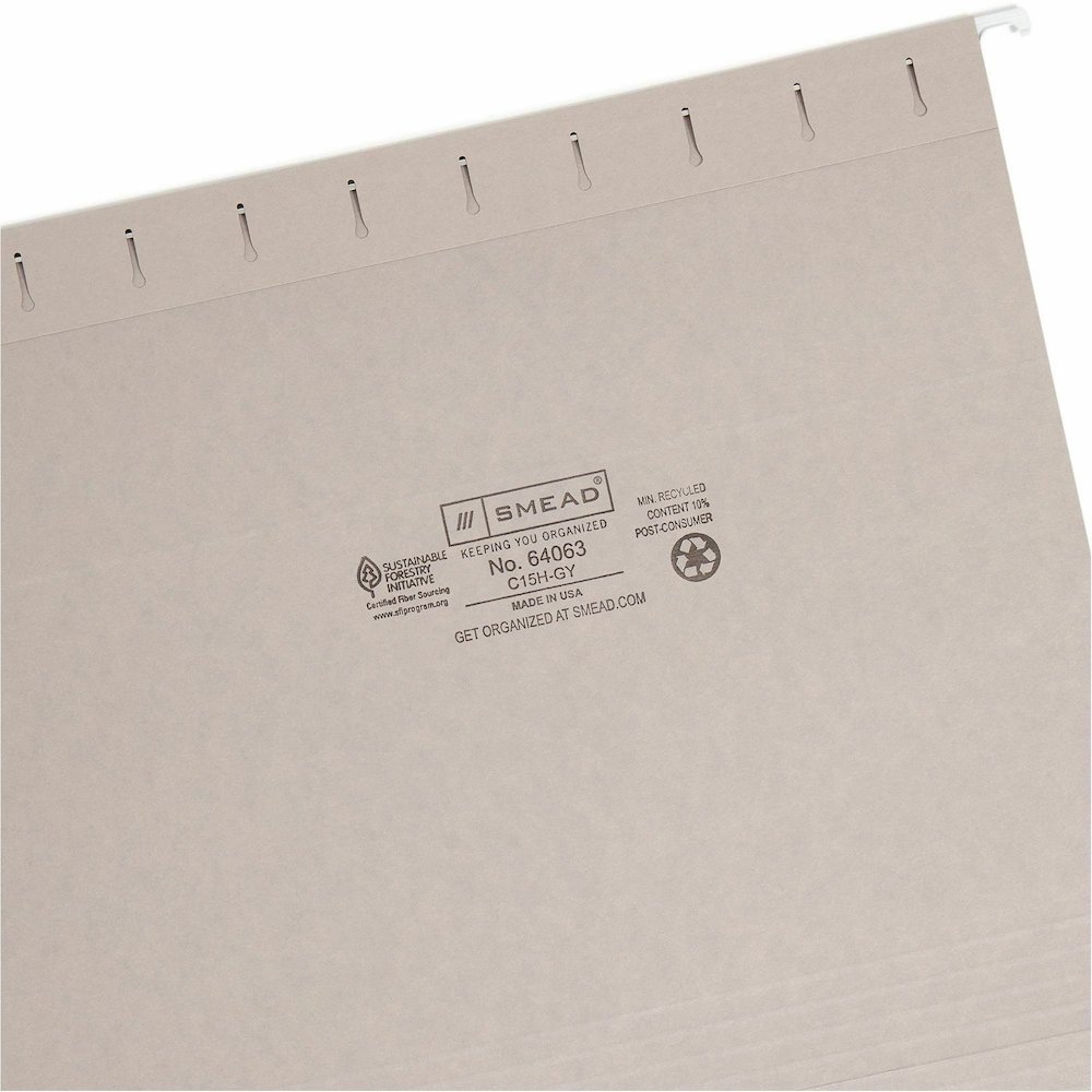 Smead Colored 1/5 Tab Cut Letter Recycled Hanging Folder - 8 1/2" x 11" - Top Tab Location - Assorted Tab Position - 11 pt. - Vinyl - Gray - 10% Recycled - 25 / Box. Picture 9