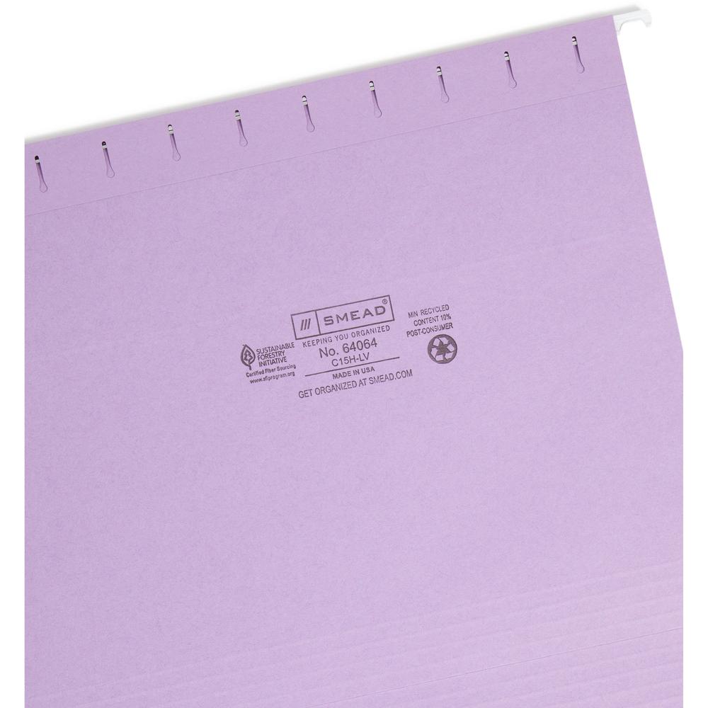 Smead Colored 1/5 Tab Cut Letter Recycled Hanging Folder - 8 1/2" x 11" - Top Tab Location - Assorted Tab Position - 11 pt. - Vinyl - Lavender - 10% Recycled - 25 / Box. Picture 7