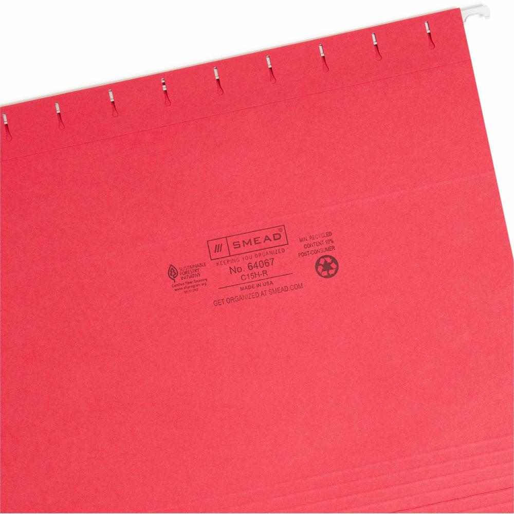 Smead Colored 1/5 Tab Cut Letter Recycled Hanging Folder - 8 1/2" x 11" - Top Tab Location - Assorted Tab Position - 11 pt. - Vinyl - Red - 10% Recycled - 25 / Box. Picture 7
