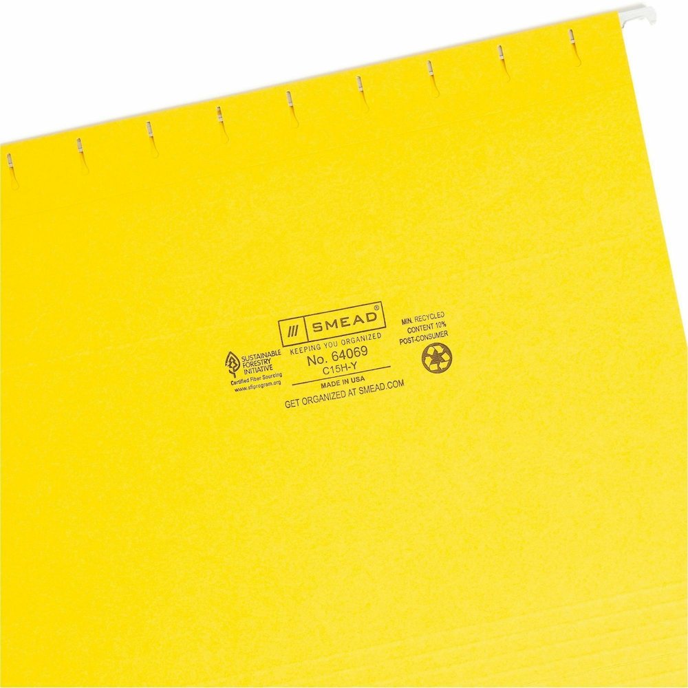 Smead Colored 1/5 Tab Cut Letter Recycled Hanging Folder - 8 1/2" x 11" - Top Tab Location - Assorted Tab Position - 11 pt. - Vinyl - Yellow - 10% Recycled - 25 / Box. Picture 9