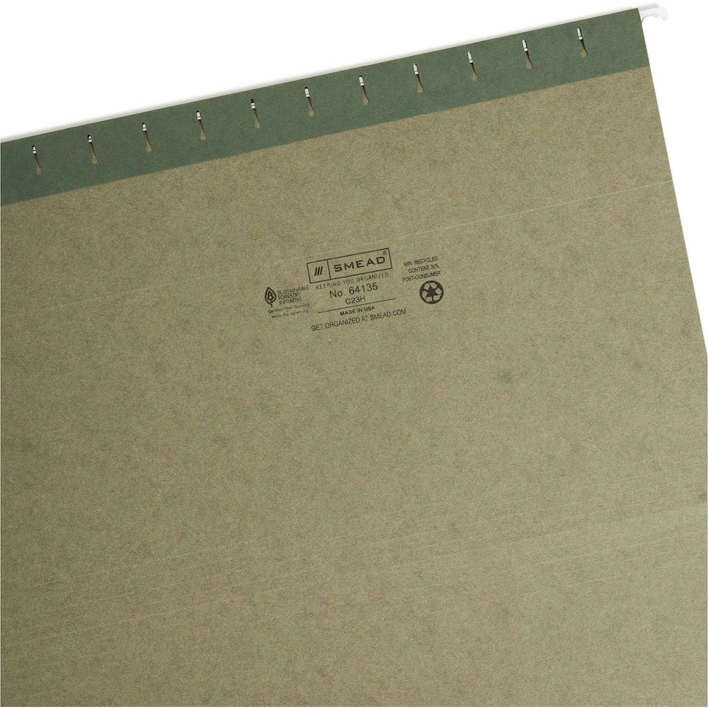 Smead 1/3 Tab Cut Legal Recycled Hanging Folder - 8 1/2" x 14" - Top Tab Location - Assorted Tab Position - 11 pt. - Vinyl - Standard Green - 10% Recycled - 25 / Box. Picture 9