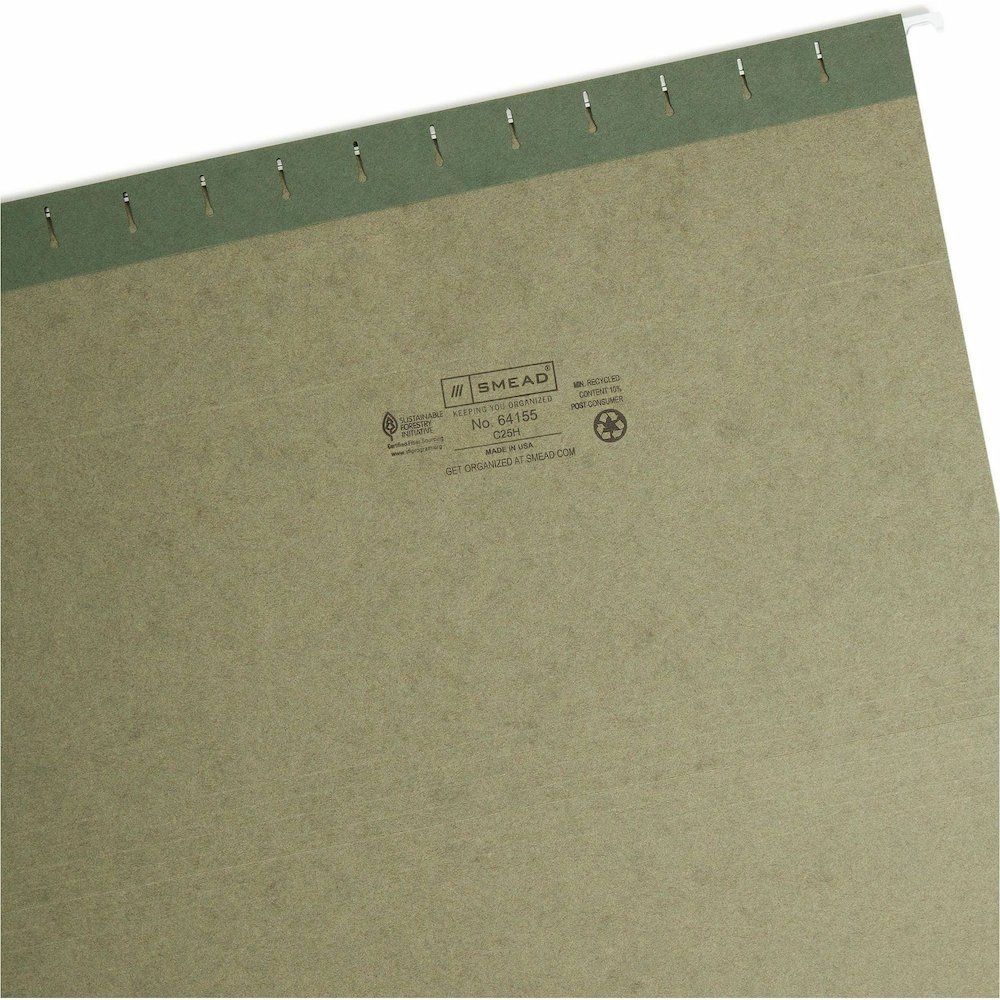 Smead 1/5 Tab Cut Legal Recycled Hanging Folder - 8 1/2" x 14" - Top Tab Location - Assorted Tab Position - 11 pt. - Vinyl - Standard Green - 10% Recycled - 25 / Box. Picture 9