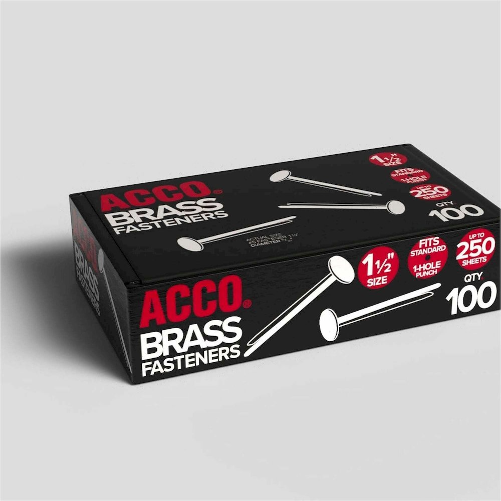 ACCO Brass Fasteners - 1.5" Length - 75 Sheet Capacity - Flexible, Heavy Duty, Corrosion-free, Self-piercing Point, Rust Proof - Brass - 100 / Box. Picture 7