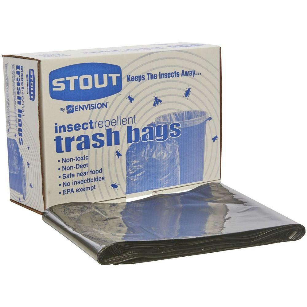 Stout Insect Repellent Trash Bags - 55 gal Capacity - 37" Width x 52" Length - 2 mil (51 Micron) Thickness - Black - Polyethylene - 65/Carton - Recycled. Picture 11