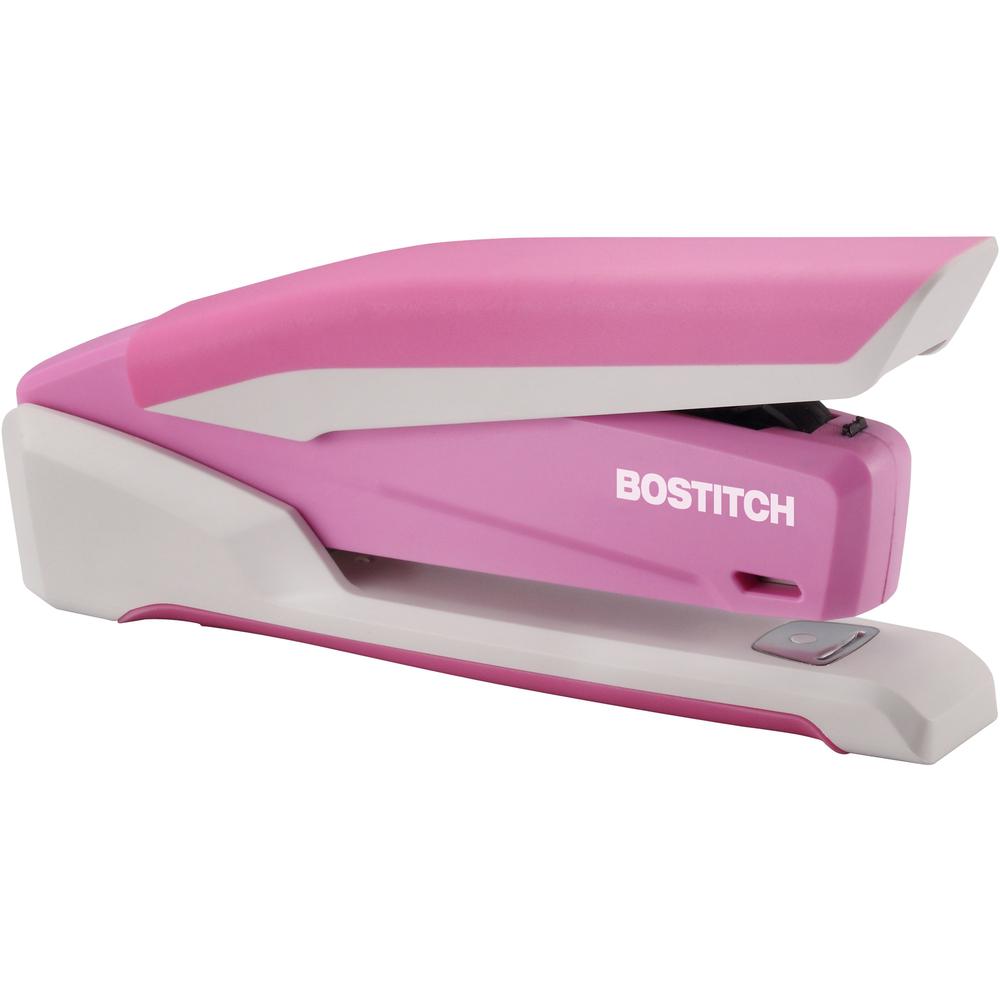 Bostitch InCourage Spring-Powered Antimicrobial Desktop Stapler - 20 of 20lb Paper Sheets Capacity - 210 Staple Capacity - Full Strip - 1 Each - Pink, White. Picture 7