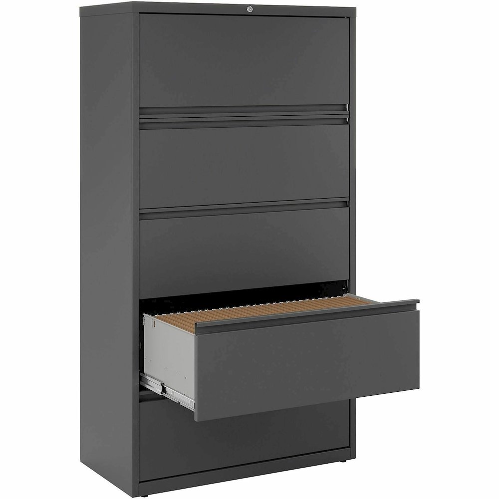 Lorell Fortress Series Lateral File - 36" Width x 18.6" Depth x 67.7" Height - 5 x Drawer(s) - Legal, Letter, A4 - Lateral - Rust Proof, Leveling Glide, Interlocking - Charcoal - Baked Enamel - Steel . Picture 12