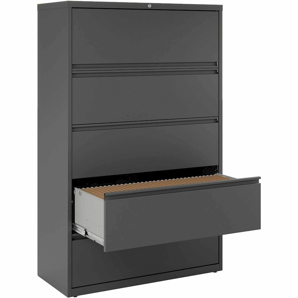 Lorell Fortress Series Lateral File w/Roll-out Posting Shelf - 42" x 18.6" x 67.7" - 5 x Drawer(s) - Legal, Letter, A4 - Lateral - Rust Proof, Leveling Glide, Interlocking - Charcoal - Steel - Recycle. Picture 7