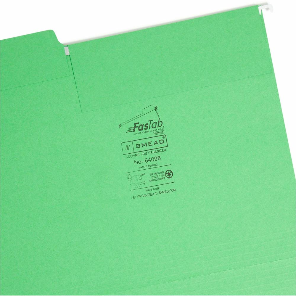 Smead FasTab 1/3 Tab Cut Letter Recycled Hanging Folder - 8 1/2" x 11" - Top Tab Location - Assorted Position Tab Position - Green - 10% Recycled - 20 / Box. Picture 7