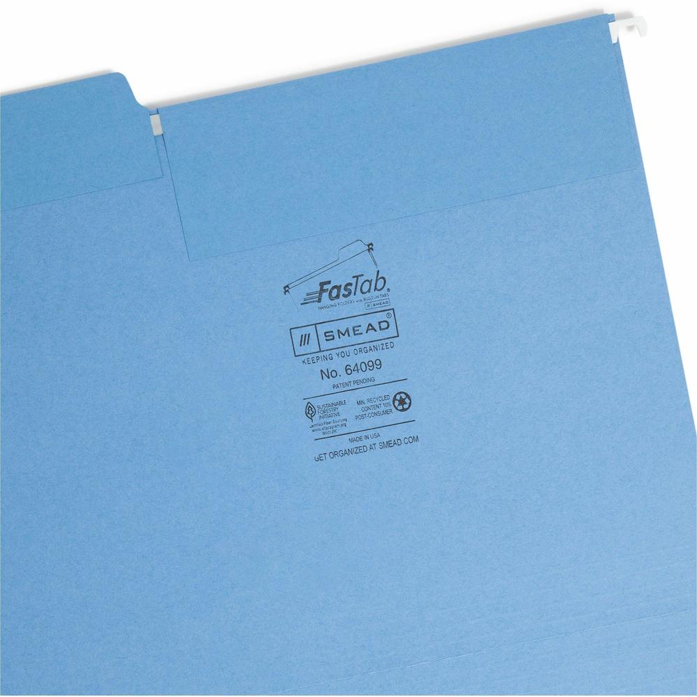 Smead FasTab 1/3 Tab Cut Letter Recycled Hanging Folder - 8 1/2" x 11" - Top Tab Location - Assorted Position Tab Position - Blue - 10% Recycled - 20 / Box. Picture 7